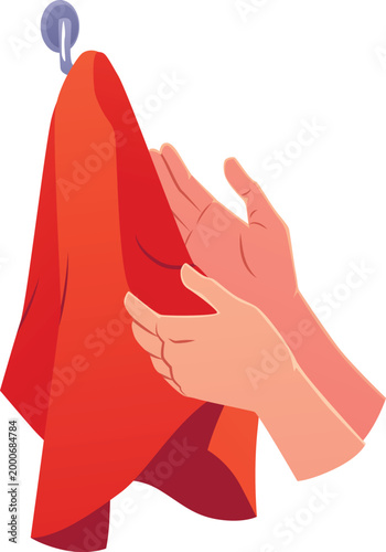 Wipe hands with red towel on a hanger flat vector icon, cartoon hand towel, clean bath cotton textile hygiene procedures