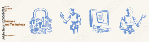 Humans and technology robot ai security concept set. Padlock, computer screen and assistant robot shown. Illustrations for cyber safety and digital tools in hand drawn sketch style.