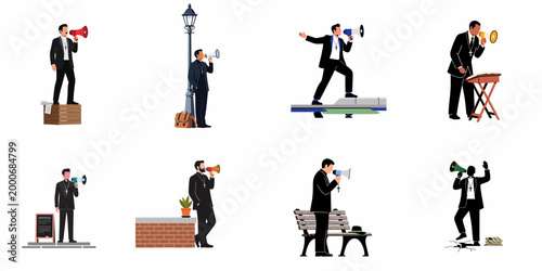 Collection of flat illustrations showing priests using megaphones to preach and spread religious messages in various public urban settings.