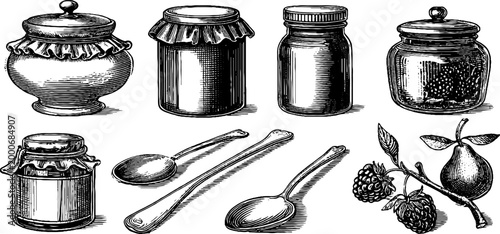 Vintage engraved jam jars spoons and berry elements sheet for packaging label background and pantry product design