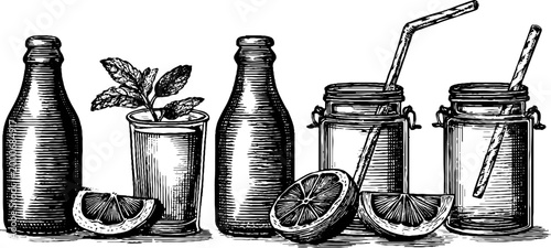 Vintage engraved juice bottle and citrus sheet with jars glasses slices and straws for label and packaging design