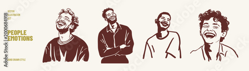 Happy people laughing expressive faces emotion set. Smiling characters showing joy and positive mood. Illustrations for emotional design and human expression in hand drawn sketch style.