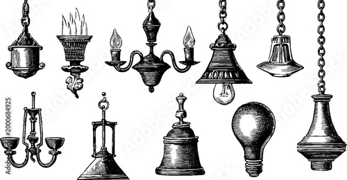 Vintage engraved lighting fixtures and chandelier sheet with pendants bulbs sconces and chains for interior and poster design