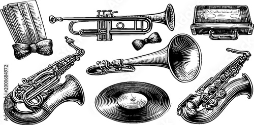Vintage engraved musical instruments sheet with trumpets saxophones record and accessories for label and poster design