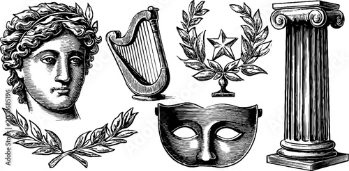 Vintage engraved mythology sheet with laurel wreath lyre theatrical mask classical column and ancient busts for background and historical design
