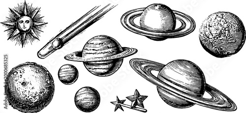 Vintage engraved celestial planets moons sun comet and ringed planets clipart sheet for background and design elements