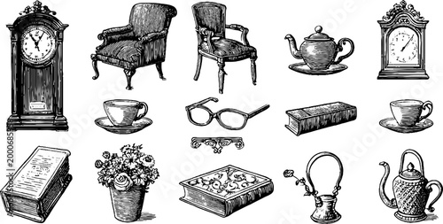 Engraved vintage retirement clocks and armchairs sheet with teapots teacups books and decorative ornaments for printable design and background elements