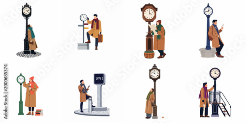 Collection of flat vector illustrations featuring diverse people in winter coats waiting and checking time by different types of public street clocks.