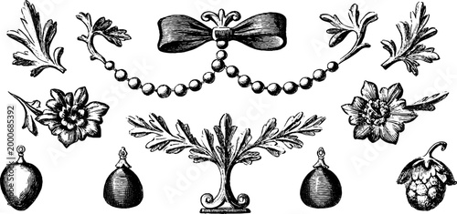 Rococo engraved flourishes bows garlands and floral ornaments sheet with beads pendants and decorative elements for ornamental design and vintage decoration