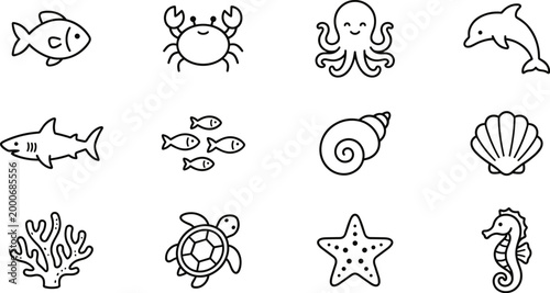 marine life icons set with fish crab octopus dolphin and shell on transparent background