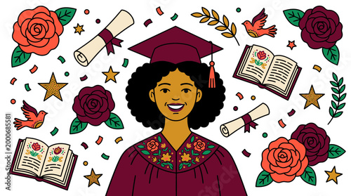 Graduation Celebration Illustration of Young Woman Surrounded by Joyful Elements Outside