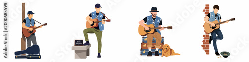 Set of male street performers playing acoustic guitar in various poses and settings, including a busker with a dog and song requests sign.
