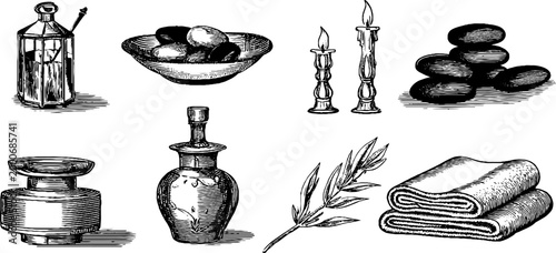 Vintage engraved spa stones eucalyptus bottles towels and candles clipart sheet for wellness background and design