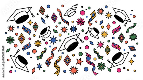 Celebratory Scene with Graduation Caps and Colorful Shapes Against Black