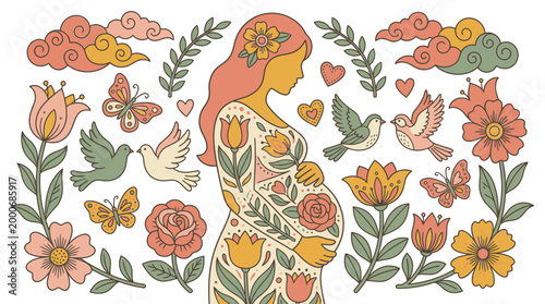 庆祝 pregnant woman surrounded flowers animals hearts centrally facing right