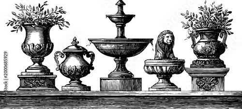 Engraved ornamental stone basin and urn sheet with fountain and lion accents for vintage garden background and architectural design elements