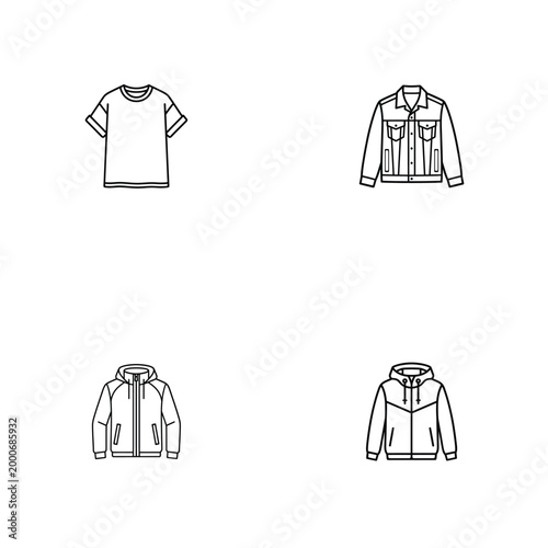 Streetwear and clothing line art icons set featuring t-shirt denim jacket and hoodies.