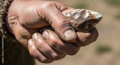 Prehistoric hand holding flint stone tool close up ancient artifact history
