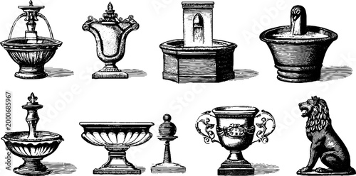 Antique engraved fountain basin collection with lion statue and decorative urns for garden background and architectural design elements