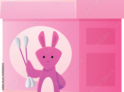 Cotton swabs pink box package with cute animal, vector flat baby hygiene or cosmetology product, ear sticks buds pack
