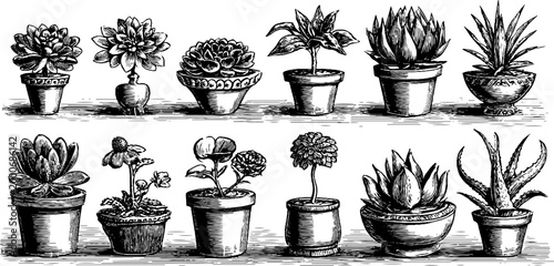 Vintage engraved succulent rosette and potted plant clipart sheet for botanical design and printable label background