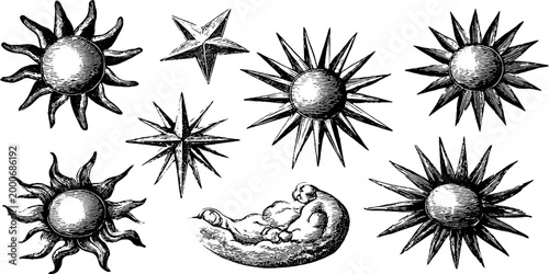 Vintage engraved sunburst and halo elements sheet with rays stars and celestial emblems for design background and decorative poster