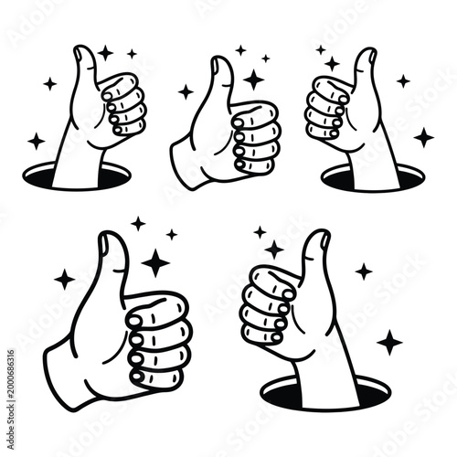 Thumbs up hand gesture icon set with approval signs in outline vector style