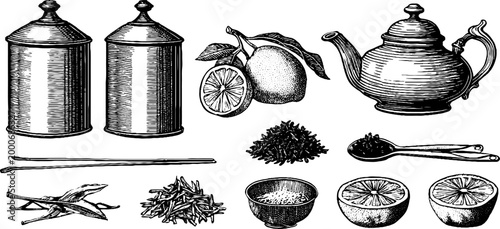 Vintage engraved tea tins and loose leaves clipart sheet with teapot lemons spoons and bowls for label and packaging design