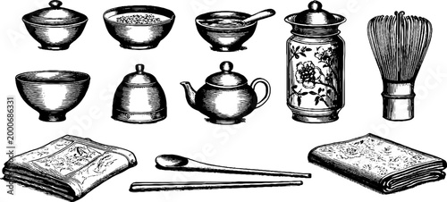 Vintage engraved tea ceremony clipart sheet with bowls teapot whisk jars and utensils for design labels and packaging