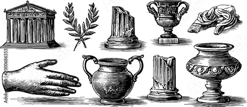 Vintage engraved temple fragments and marble artifacts clipart sheet with columns vases laurel and hand for historic design and decor