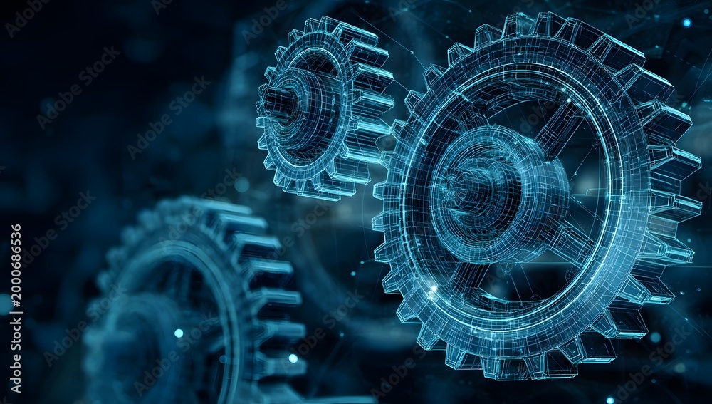 Fototapeta premium Close up view of glowing blue digital cogs intertwined to symbolize synergy and technical cooperation in professional mechanical engineering projects and high performance computing environments