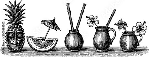 Vintage engraved tiki pineapple and tropical cocktail mugs with umbrella and hibiscus for summer menu background and poster design