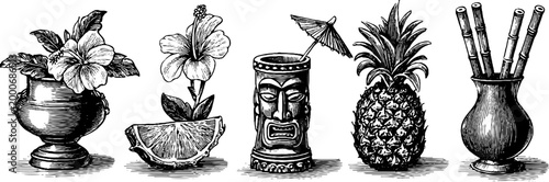 Vintage engraved tiki cup collection with pineapple slice umbrella and floral accents clipart sheet for tropical design and printable decorations