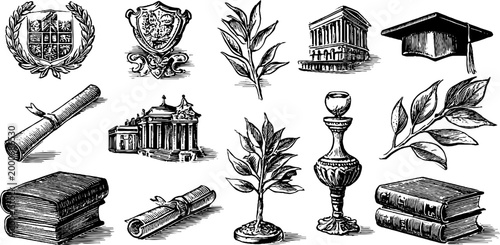 Vintage engraved university crest and diploma clipart sheet with laurel wreath books and academic building for education design and certificate background elements