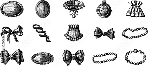 Vintage engraved sheet of victorian brooches and cameo jewelry clipart for decorative design elements and pattern backgrounds