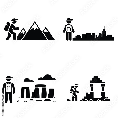 Travel and adventure silhouette icons set featuring hiking city sightseeing and ancient ruins.