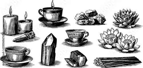 Vintage engraved wellness clipart sheet of candles crystals teacups and lotus flowers for spa packaging and calming background design