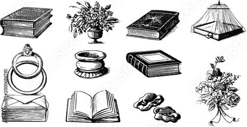 Vintage engraved clipart sheet of wedding planning books rings letters and floral elements for printable wedding design and invitation background