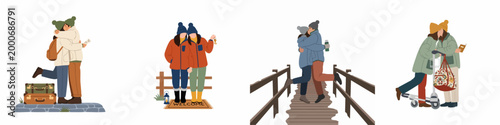 Set of illustrations depicting diverse romantic same-sex female couples traveling, hugging, and arriving at their new home during the cold season.