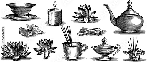 Vintage engraved wellness clipart sheet of teapot cups incense lotus and herbal elements for spa label packaging and calming product design
