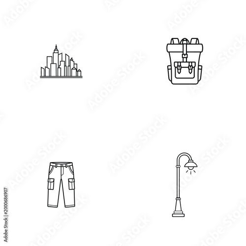 Urban lifestyle icon set with city backpack cargo pants and street lamp