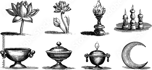 Vintage engraved lotus bud candle lamp and ceremonial vessel elements sheet with moon urns and lamps for meditation design and sacred background