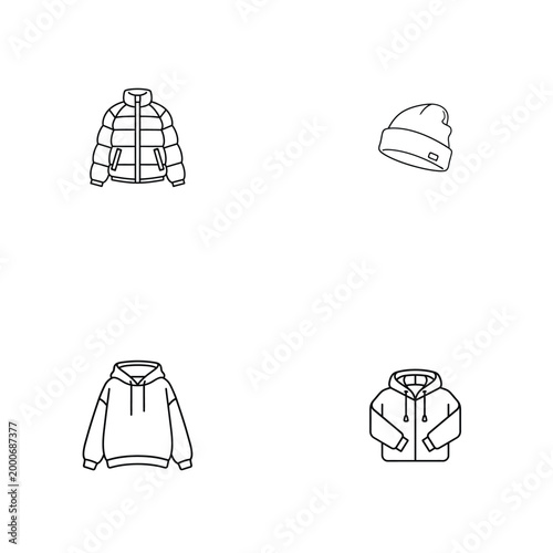 Winter streetwear and clothing line art icons set featuring puffer jacket beanie and hoodies.