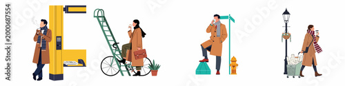 Flat Vector Illustrations of People in Stylish Autumn Coats Navigating Urban Settings While Enjoying Coffee During Their Daily Commute