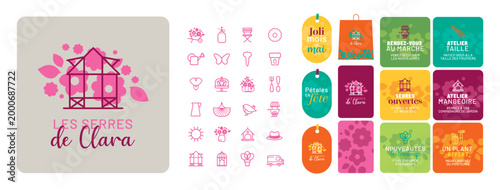Floral branding kit for florist “Les Serres de Clara”: logo, icon set, labels, social media stories, business card and tote bag. Botanical, modern and minimal design for local, seasonal flower shop 