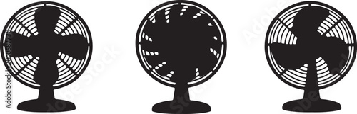 Three different fan designs with varying blade styles. electric device for air circulation silhouette vector