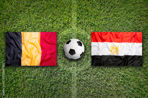 Belgium vs. Egypt flags on a soccer field