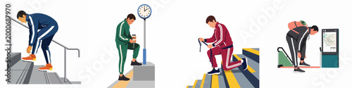 Set of flat illustrations featuring men in tracksuits engaged in daily urban activities at a train station and on city stairs.