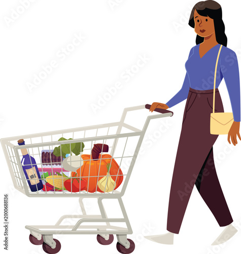 Woman walking with shopping cart with food, vector flat metal basket container on wheels with bottle of wine, vegetables