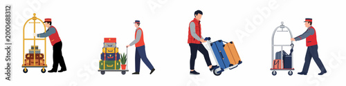 Set of hotel bellhops and staff members pushing luggage carts with various suitcases and bags, isolated on a white background.